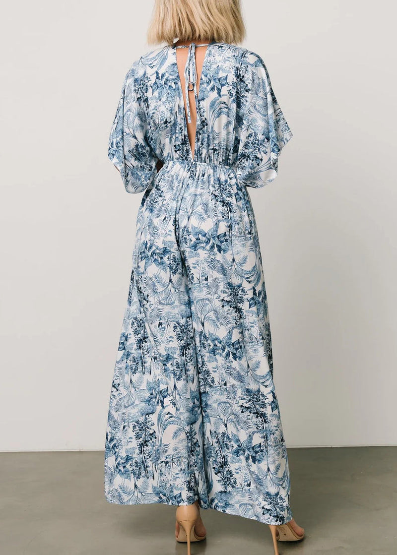 Blue Print Lace Up Pockets Cotton Jumpsuit Summer Au1010