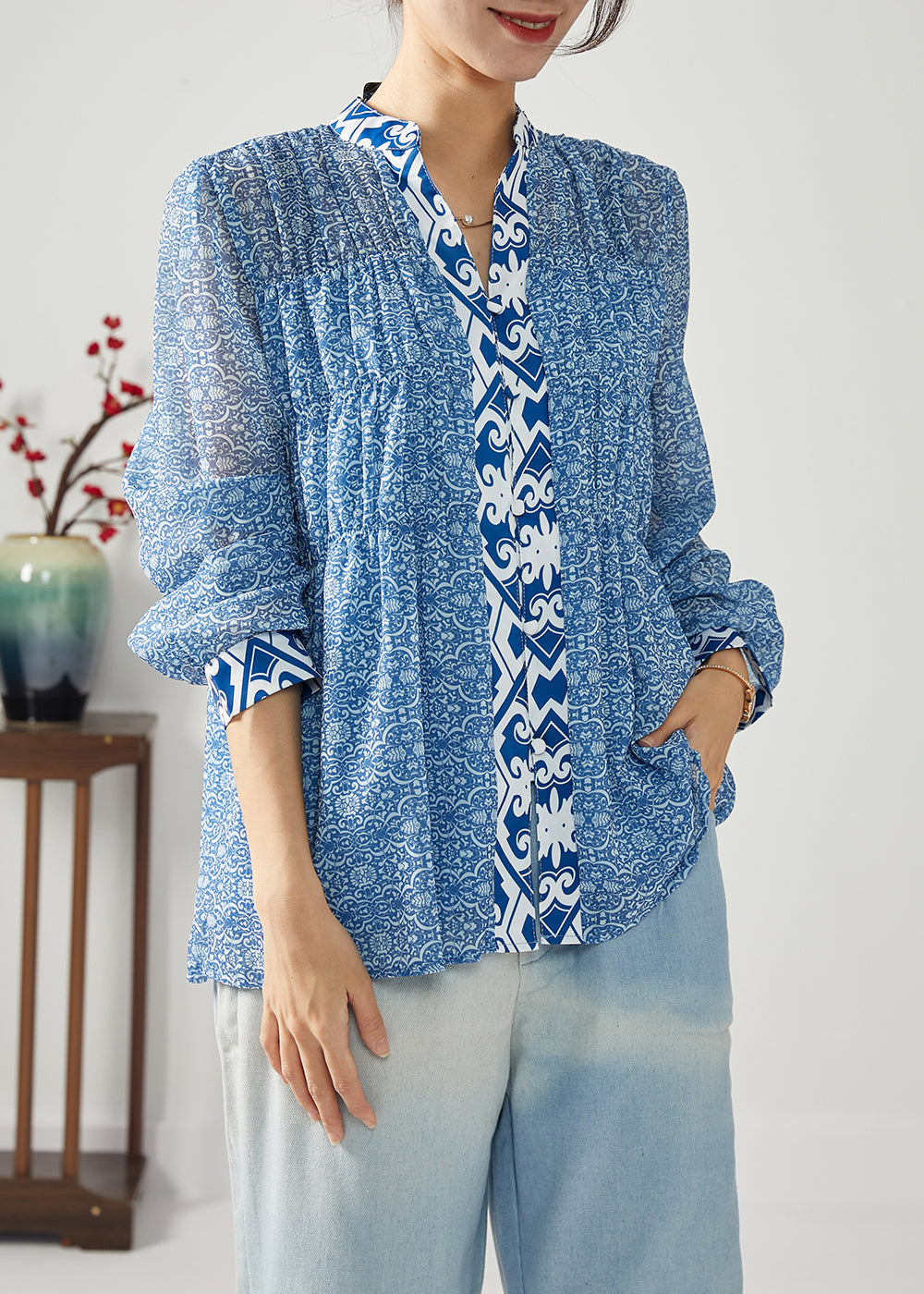 Blue Print Patchwork Wrinkled Chiffon Blouses Spring Lc0383