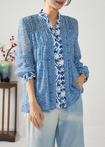 Blue Print Patchwork Wrinkled Chiffon Blouses Spring Lc0383