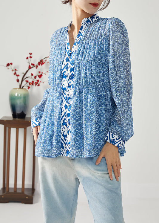 Blue Print Patchwork Wrinkled Chiffon Blouses Spring Lc0383