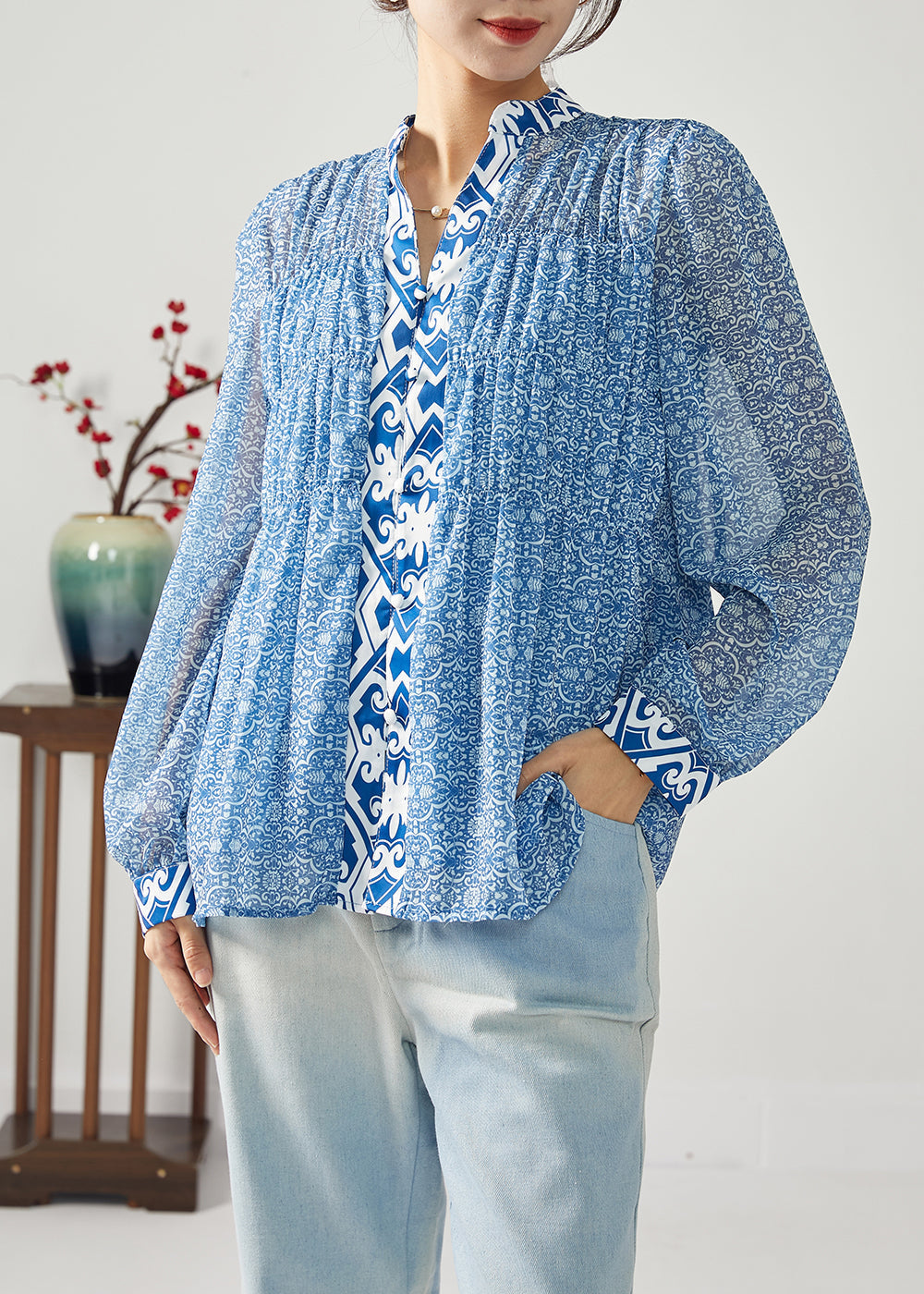 Blue Print Patchwork Wrinkled Chiffon Blouses Spring Lc0383