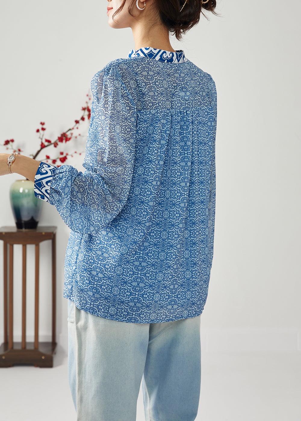 Blue Print Patchwork Wrinkled Chiffon Blouses Spring Lc0383