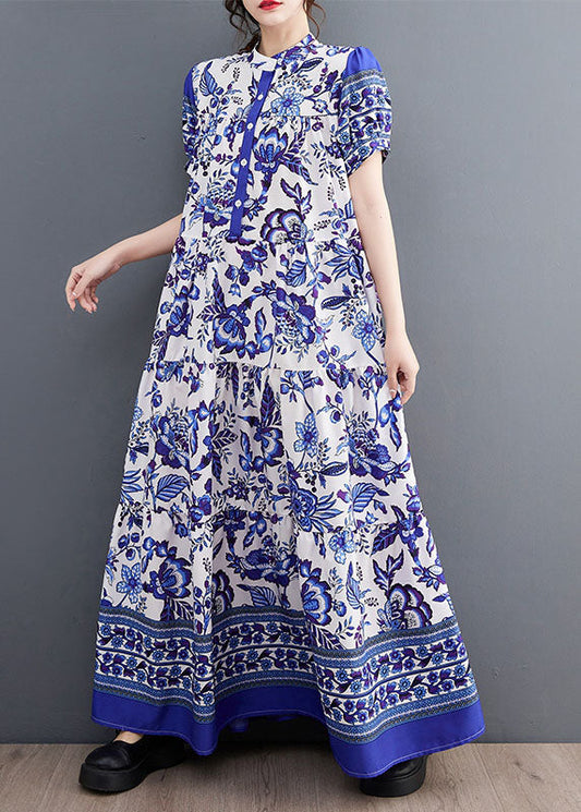 Blue Print Stand Collar Chiffon Long Dress Lantern Sleeve Ly1493