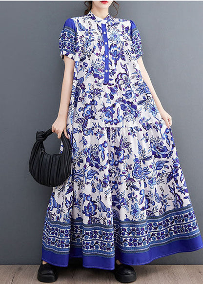 Blue Print Stand Collar Chiffon Long Dress Lantern Sleeve Ly1493