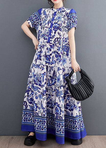 Blue Print Stand Collar Chiffon Long Dress Lantern Sleeve Ly1493