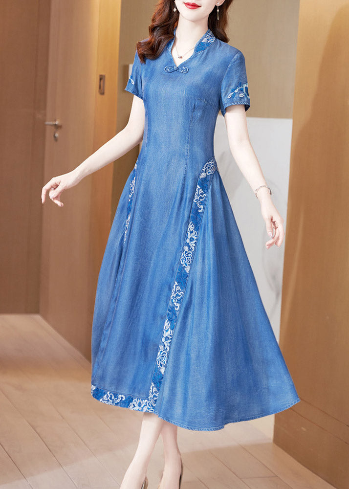 Blue Stand Collar Embroideried Butto Silk Denim Maxi Dresses Short Sleeve Ac2038
