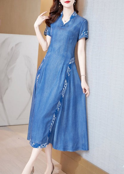 Blue Stand Collar Embroideried Butto Silk Denim Maxi Dresses Short Sleeve Ac2038