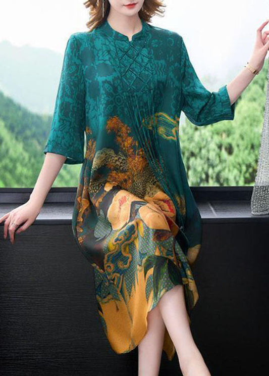 Blue Stand Collar Print Tassel Silk Long Dress Half Sleeve Ly1711