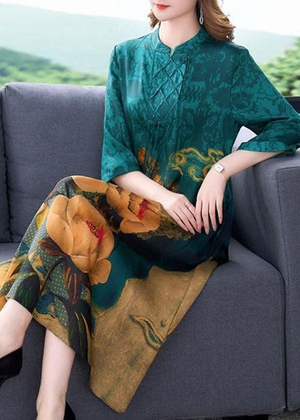 Blue Stand Collar Print Tassel Silk Long Dress Half Sleeve Ly1711