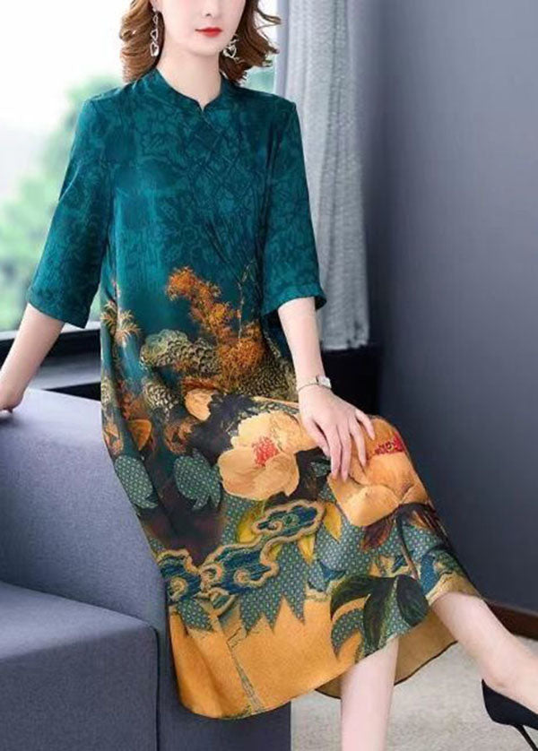 Blue Stand Collar Print Tassel Silk Long Dress Half Sleeve Ly1711