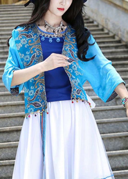 Blue V Neck Print Tassel Cardigan Summer Ly0179