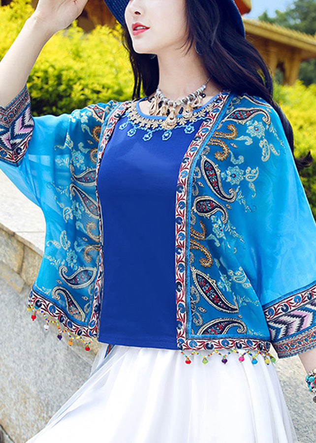 Blue V Neck Print Tassel Cardigan Summer Ly0179