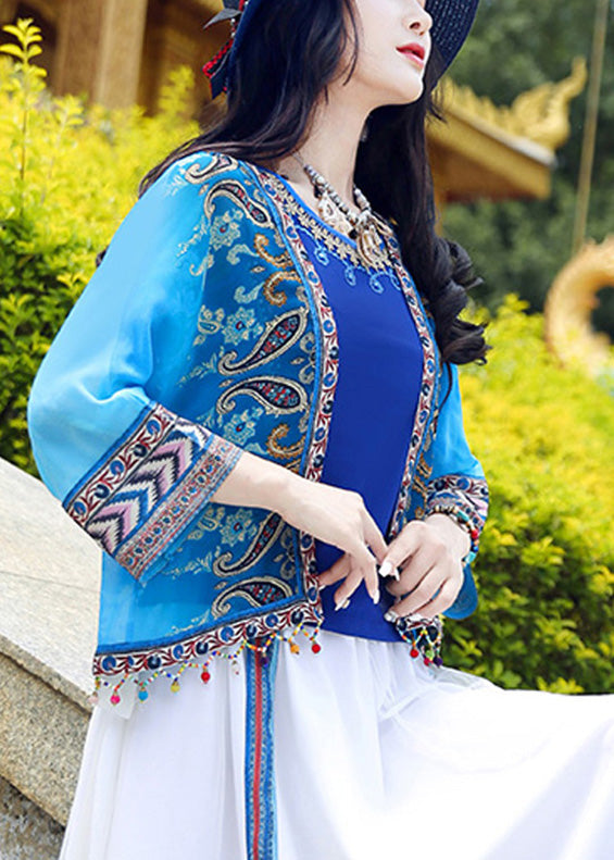 Blue V Neck Print Tassel Cardigan Summer Ly0179