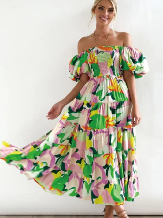 Color Print Off Shoulder Long Dresses Short Sleeves Backless Beach Vacation Style Dress Summer Vestidos