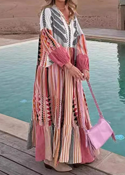 Colorblock Lace Up Print Cotton Maxi Dress Long Sleeve Bb055