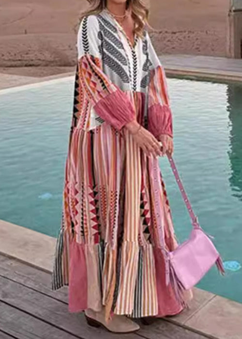 Colorblock Lace Up Print Cotton Maxi Dress Long Sleeve Bb055
