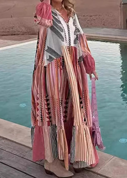 Colorblock Lace Up Print Cotton Maxi Dress Long Sleeve Bb055