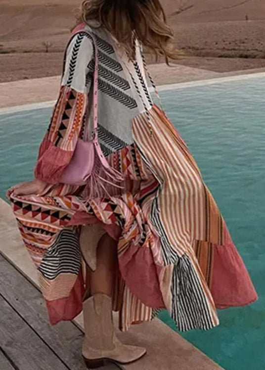 Colorblock Lace Up Print Cotton Maxi Dress Long Sleeve Bb055