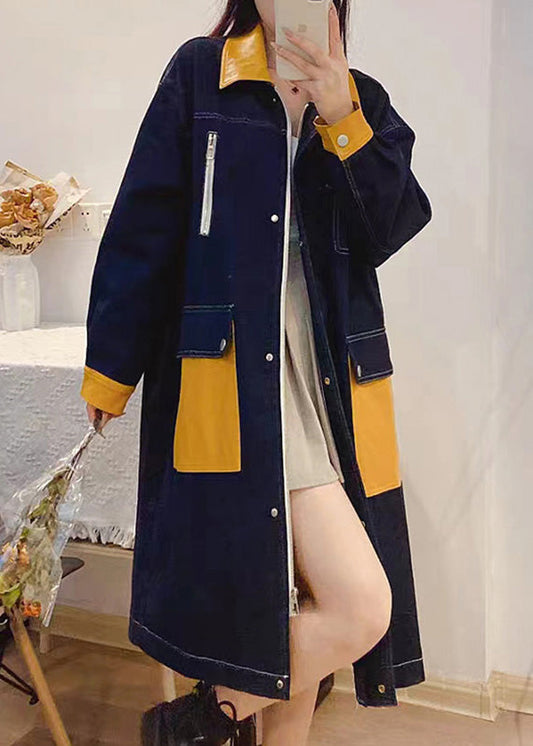 Denim Blue Peter Pan Collar Patchwork Zippered Button Linen Long Trench Coats Fall Tq1035