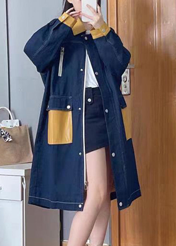 Denim Blue Peter Pan Collar Patchwork Zippered Button Linen Long Trench Coats Fall Tq1035