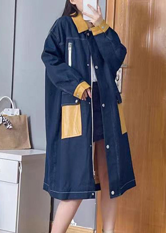 Denim Blue Peter Pan Collar Patchwork Zippered Button Linen Long Trench Coats Fall Tq1035
