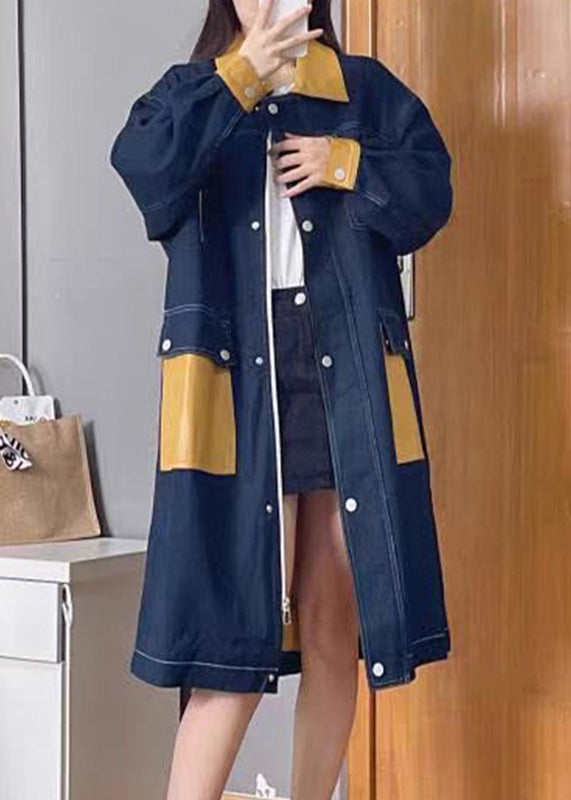 Denim Blue Peter Pan Collar Patchwork Zippered Button Linen Long Trench Coats Fall Tq1035