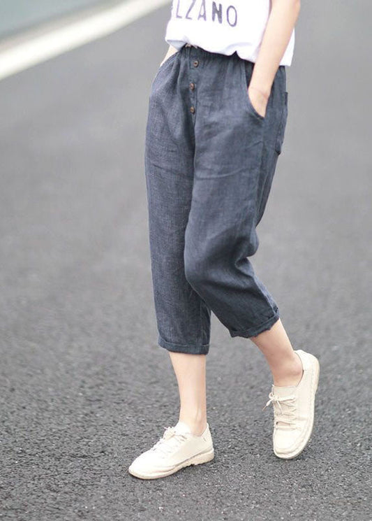 Denim Blue Pockets Patchwork Linen Crop Pants Summer Ly0629