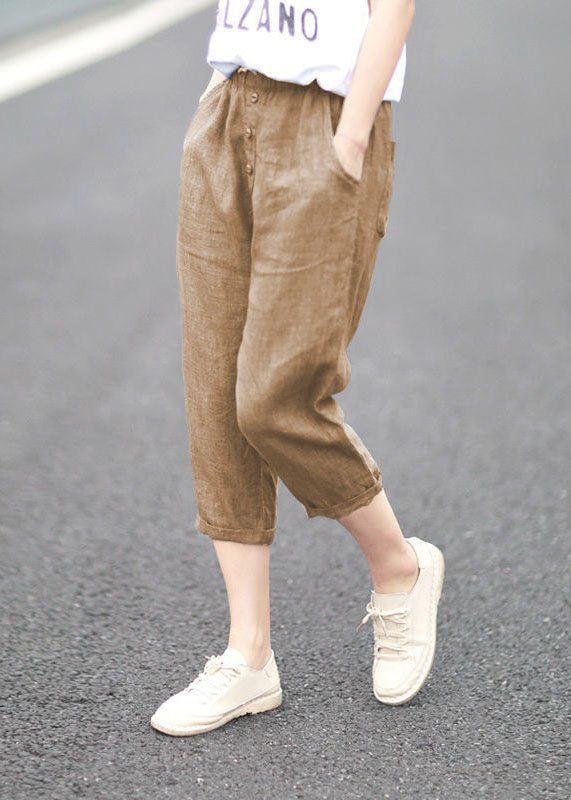Denim Blue Pockets Patchwork Linen Crop Pants Summer Ly0629