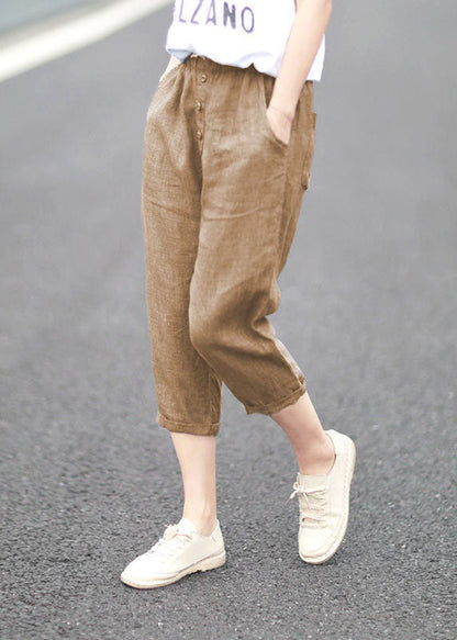 Denim Blue Pockets Patchwork Linen Crop Pants Summer Ly0629