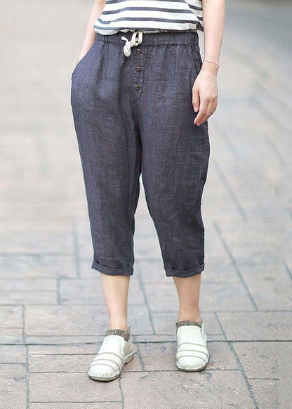 Denim Blue Pockets Patchwork Linen Crop Pants Summer Ly0629