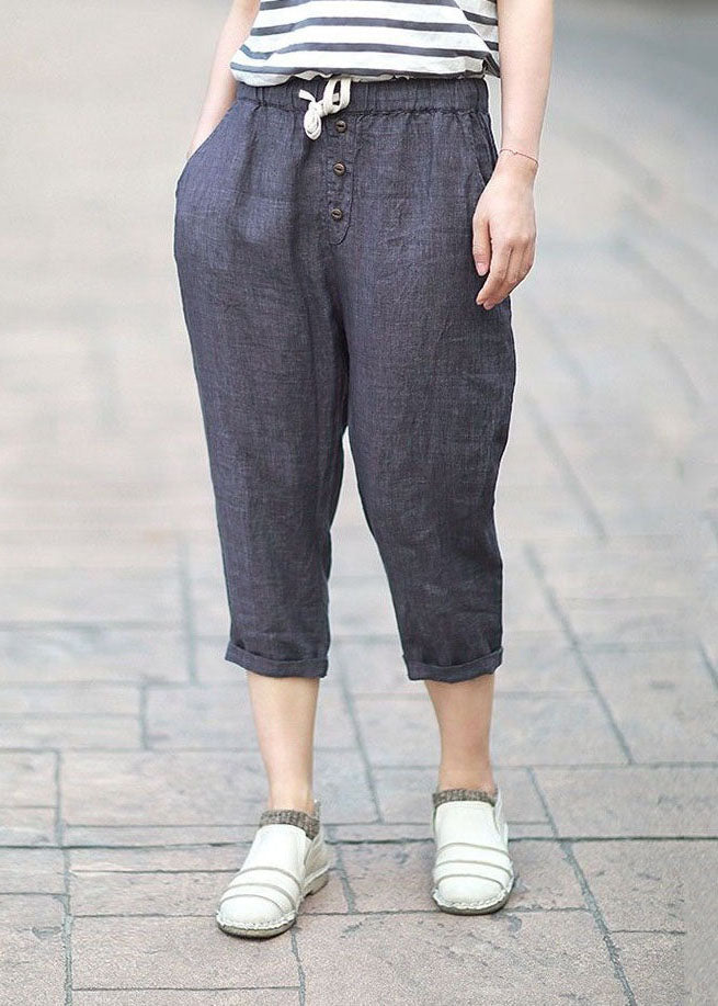 Denim Blue Pockets Patchwork Linen Crop Pants Summer Ly0629