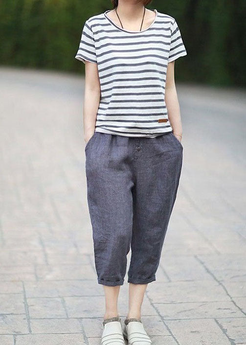 Denim Blue Pockets Patchwork Linen Crop Pants Summer Ly0629