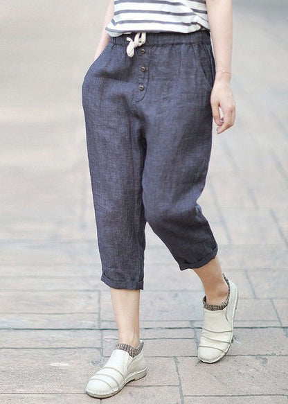 Denim Blue Pockets Patchwork Linen Crop Pants Summer Ly0629