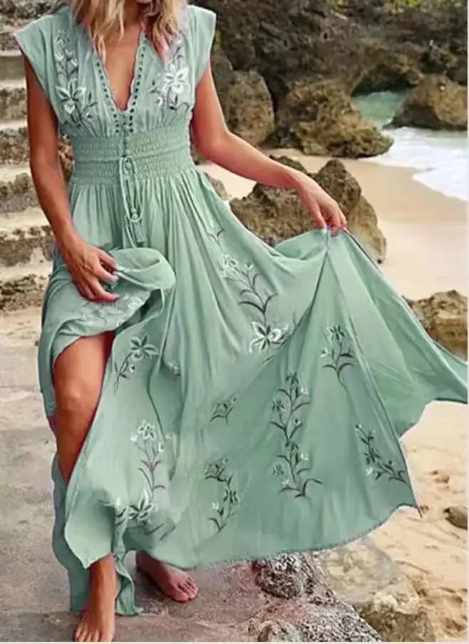 Print Long Dress V Neck Dress