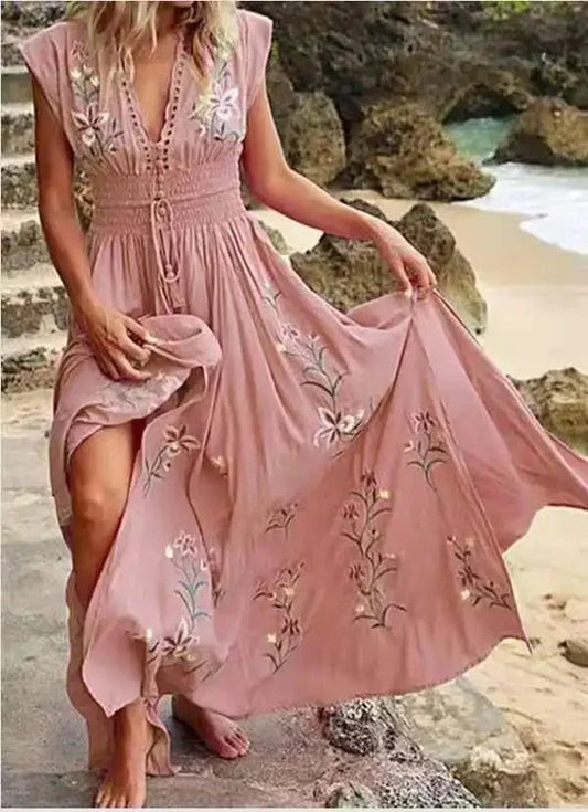 Print Long Dress V Neck Dress