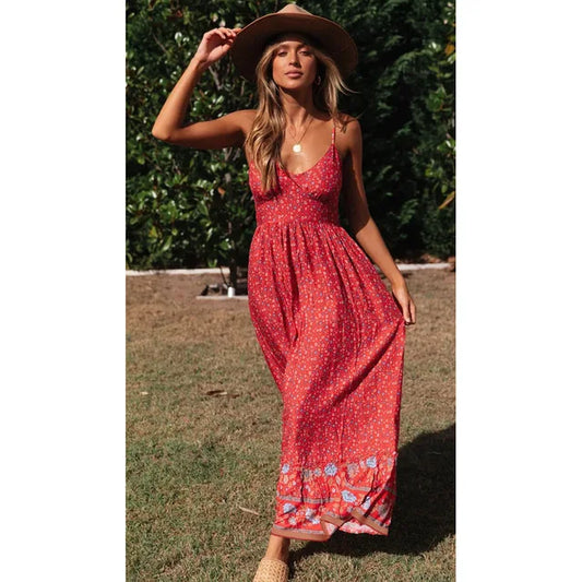 Spaghetti Strap Dresses V-neck Backless Beach Vacation Long Dress Female Vestidos Summer New