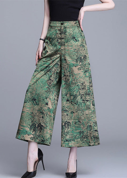 Green High Waist Print Silk Wide Leg Pants Summer Oo020