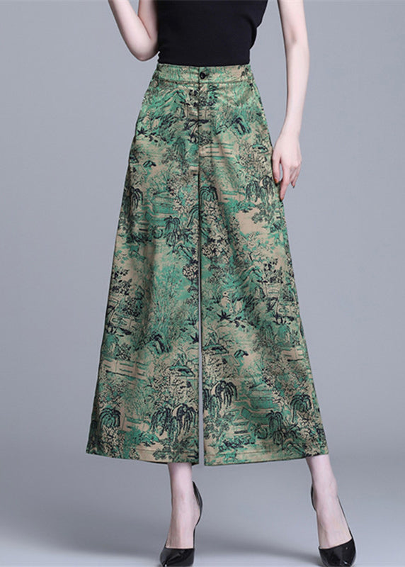 Green High Waist Print Silk Wide Leg Pants Summer Oo020
