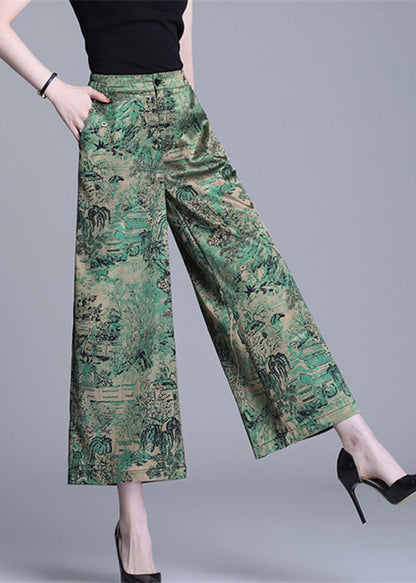 Green High Waist Print Silk Wide Leg Pants Summer Oo020