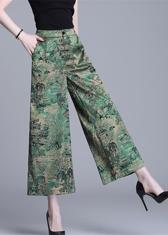 Green High Waist Print Silk Wide Leg Pants Summer Oo020