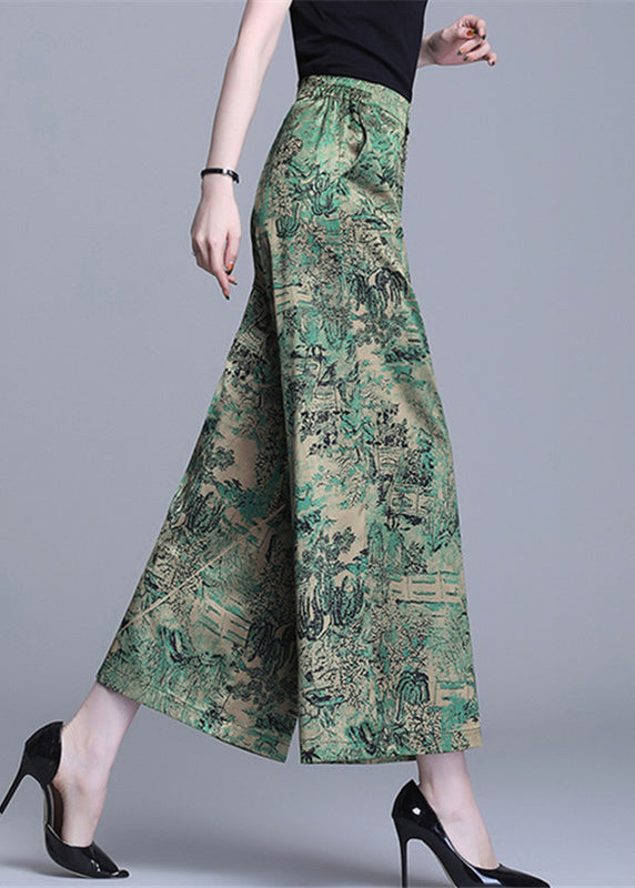 Green High Waist Print Silk Wide Leg Pants Summer Oo020