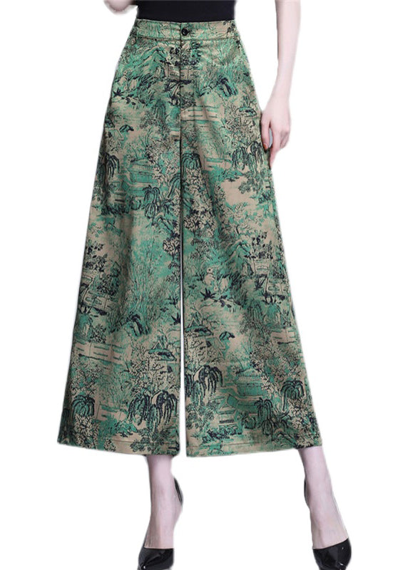 Green High Waist Print Silk Wide Leg Pants Summer Oo020
