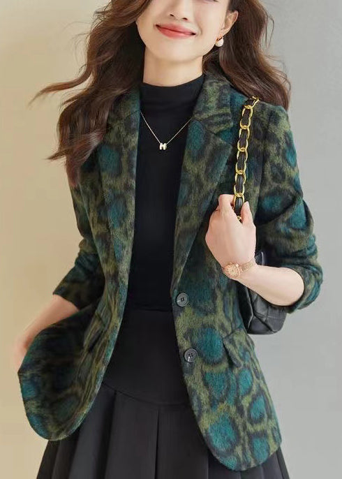 Green Leopard Print Woolen Coats Spring Yj058