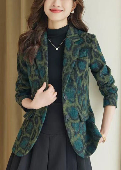 Green Leopard Print Woolen Coats Spring Yj058