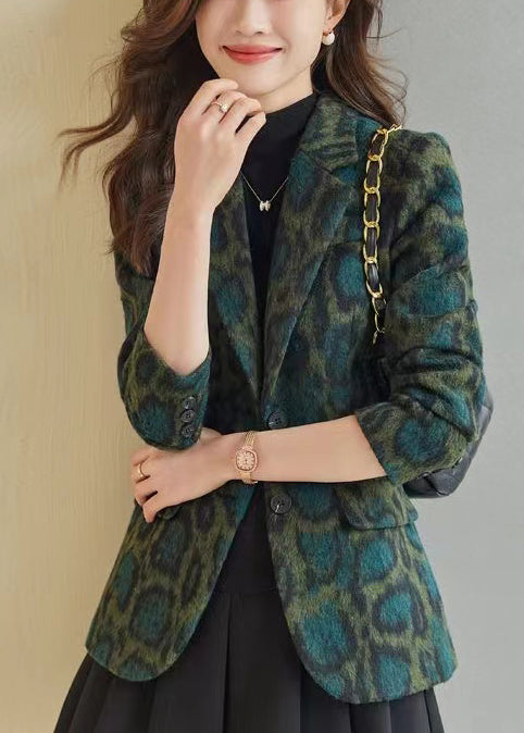 Green Leopard Print Woolen Coats Spring Yj058