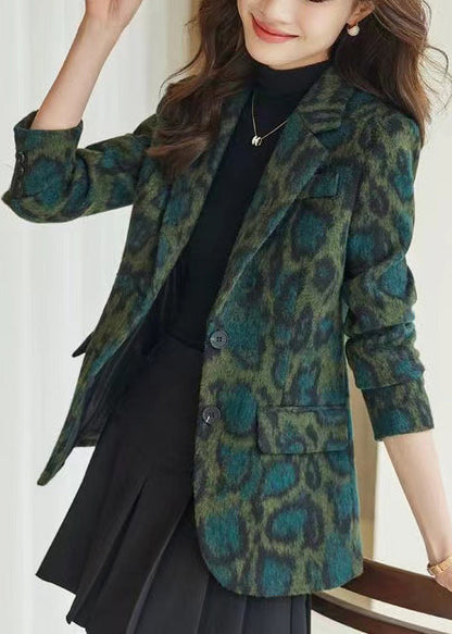 Green Leopard Print Woolen Coats Spring Yj058