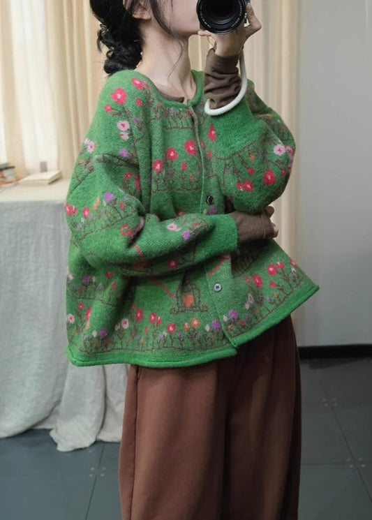 Green O Neck Print Loose Knit Cardigans Spring Ti003