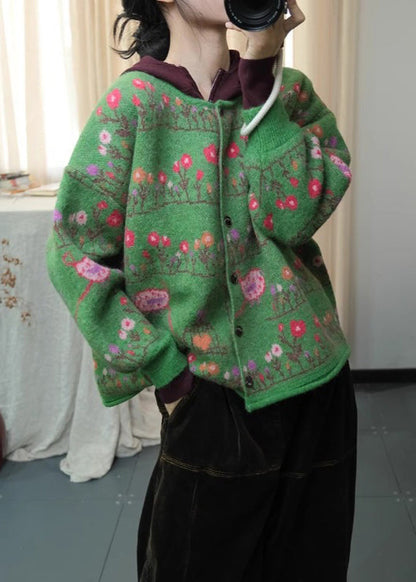 Green O Neck Print Loose Knit Cardigans Spring Ti003