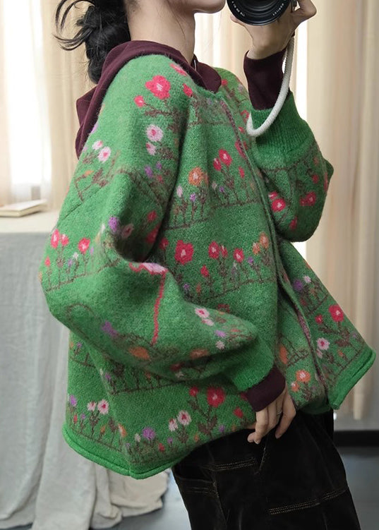 Green O Neck Print Loose Knit Cardigans Spring Ti003