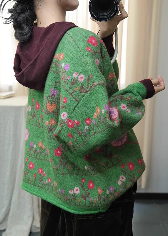 Green O Neck Print Loose Knit Cardigans Spring Ti003